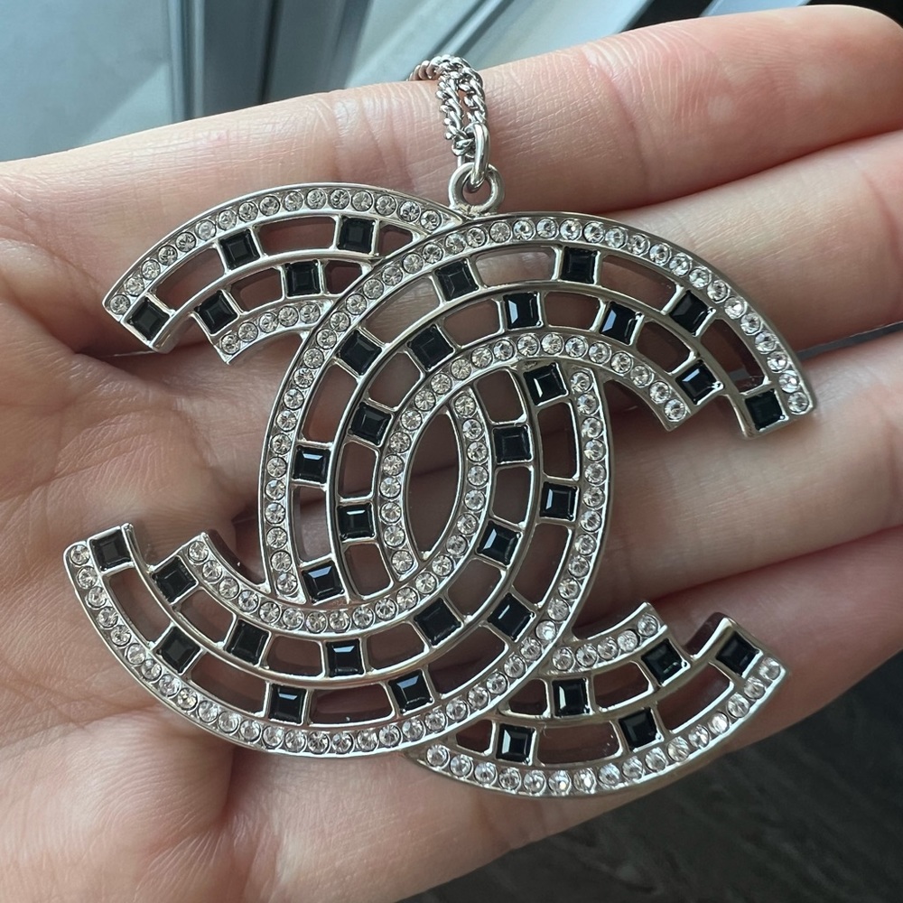 Chanel Silver Crystal CC Statement Necklace Adjustable Length